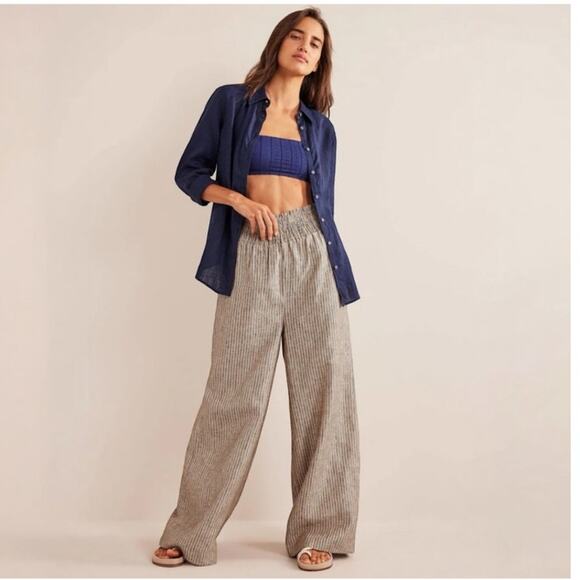 NWT Boden Linen Shirred Waist Camel and Black Lurex Stripe Wide Leg Trousers 4 - Picture 10 of 16